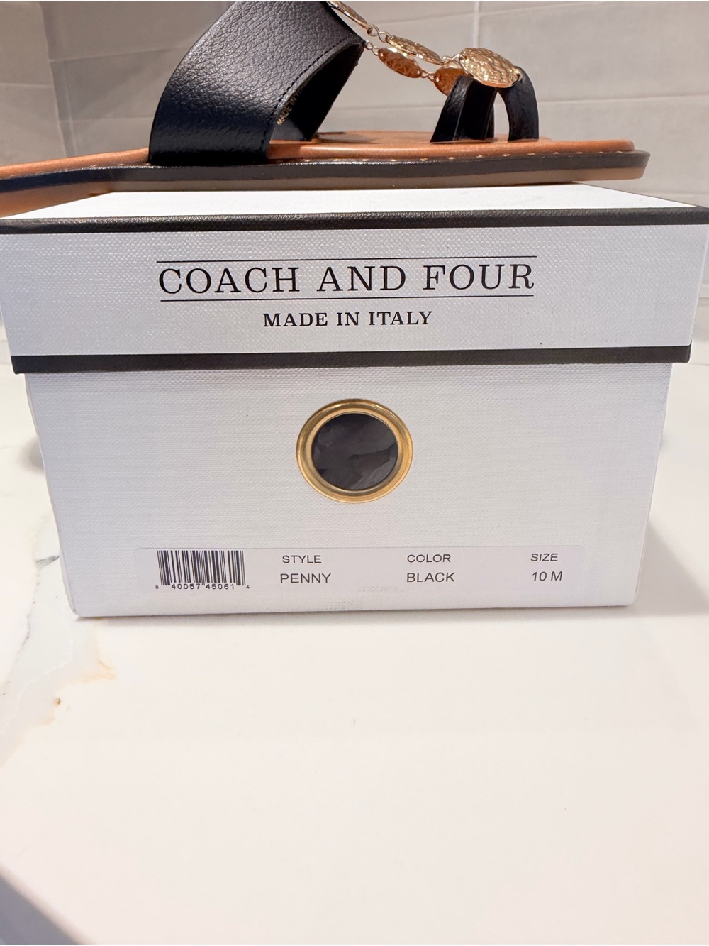 Coach and Four Black and Tan Leather Slide Sandals with Gold Accents - Picture 13 of 15